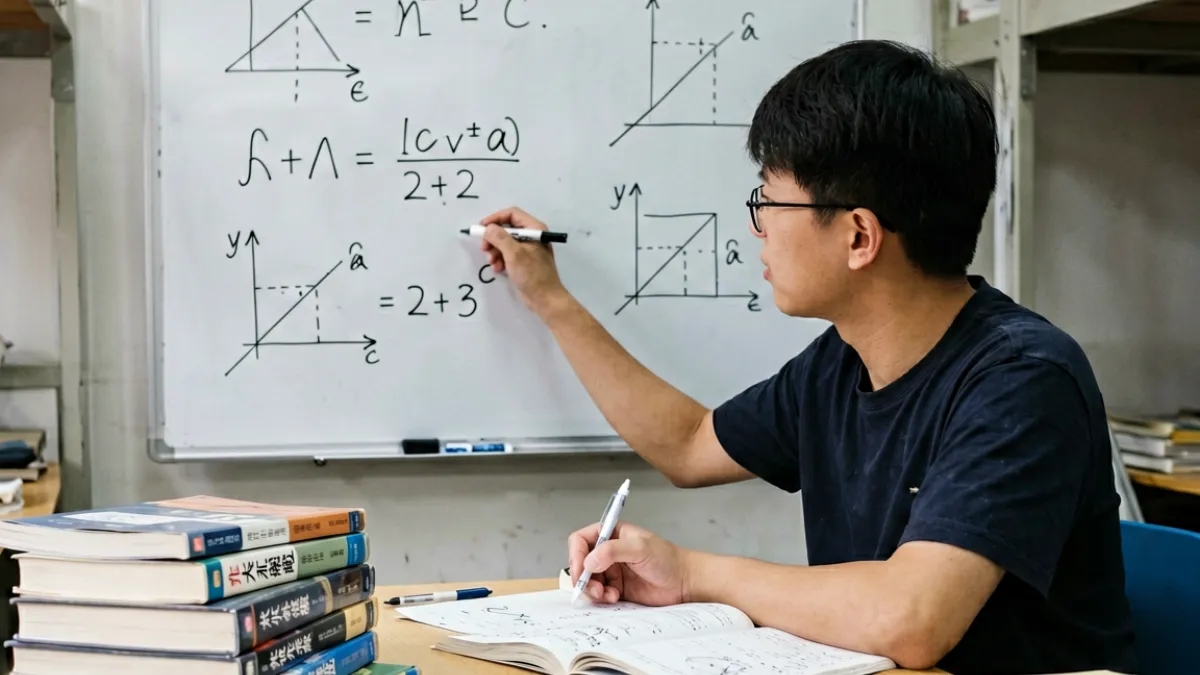 一名理工科学生在宿舍用白板讲解物理知识点，周围摆满教材和笔记本