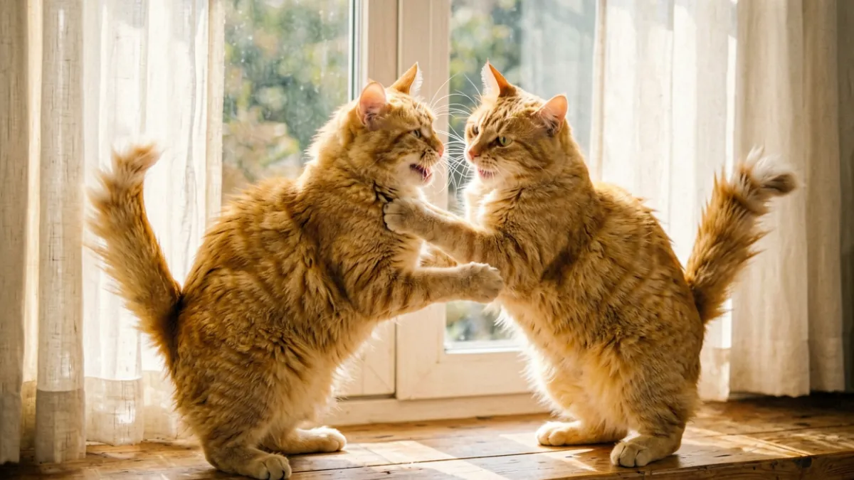 51视频 - 两只橘猫在阳光充足的窗台上打架互相扑咬，毛发蓬松神情夸张